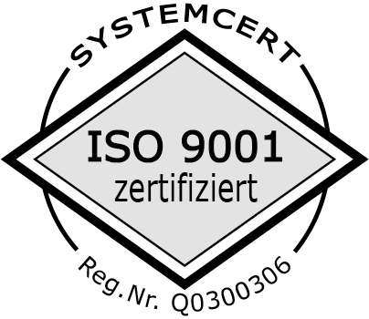 Logo ISO 9007 zertifiziert, Systemcert, Reg. Nr. Q0300306